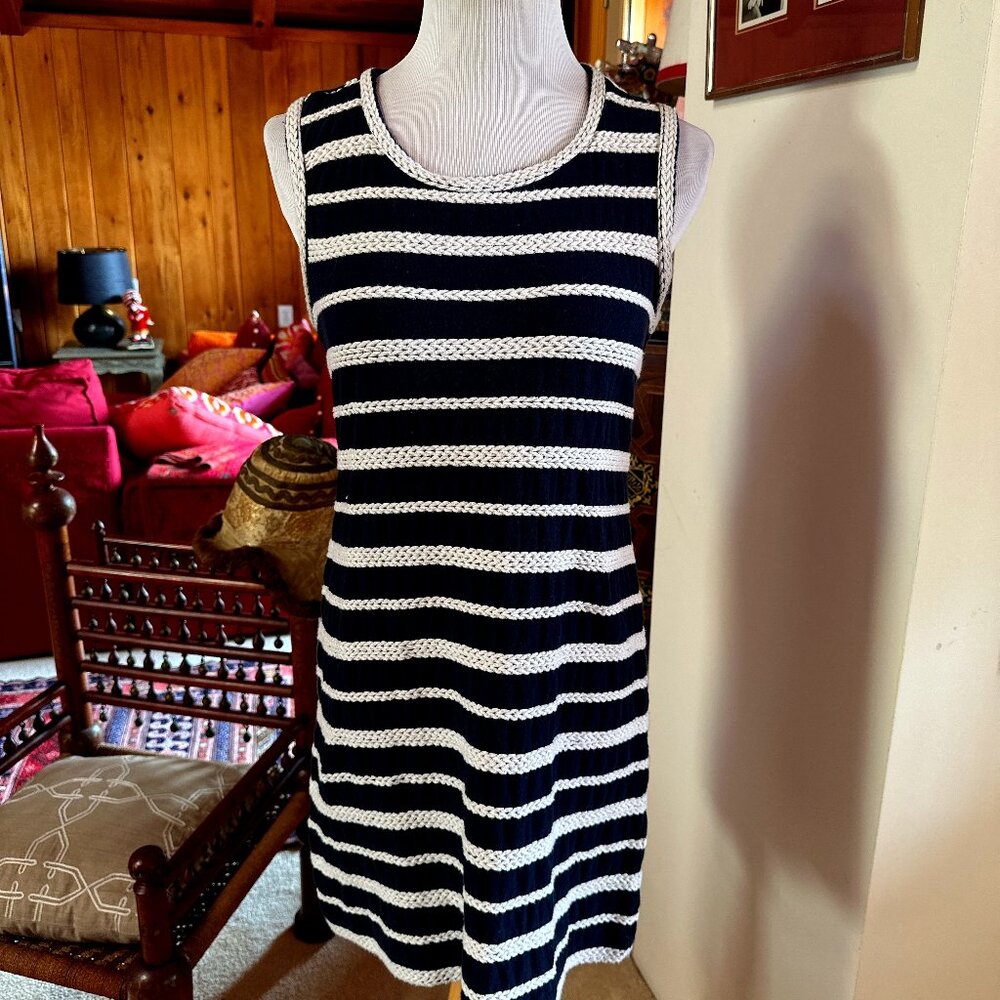 MAX STUDIO Navy and Cream Nautical Style Sleeveless Embroidered Cord Dress – M